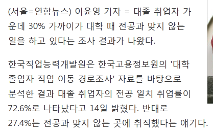대졸 취업자 30% "지금 하는 일, 전공과 안 맞아" | 인스티즈